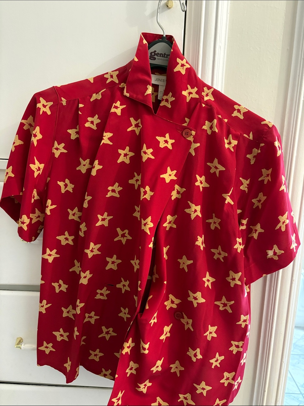 Jones New York Red Short-Sleeve Button-Down with Yellow Star Print